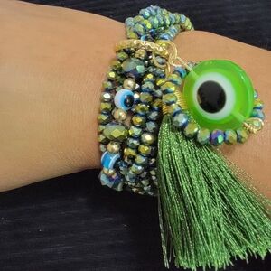Elegant Green and Gold Beaded Bracelet Set